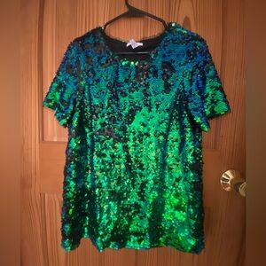 Iridescent blue/green Sequin Short Sleeve Top